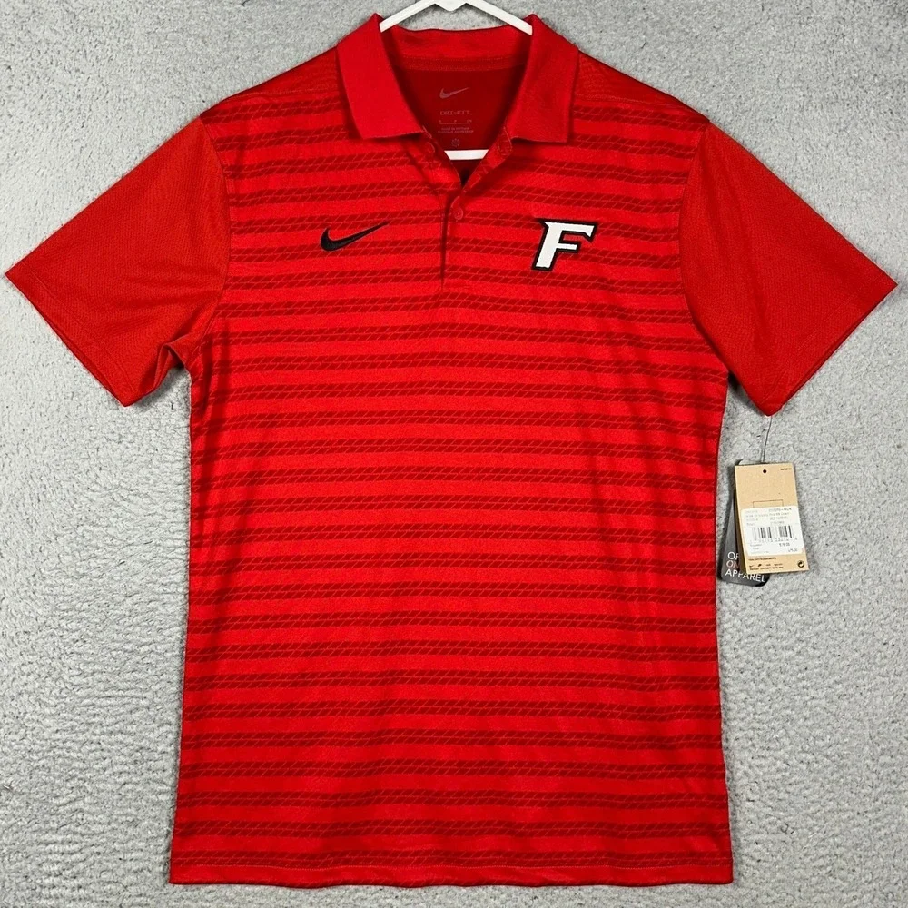 NEW Fairfield Stags Nike Victory Polo Shirt Mens Small Red Dri-Fit Striped Rugby